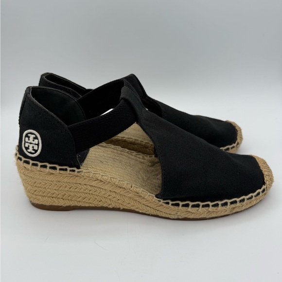 Tory Burch‎ Black Espadrille Wedge Flats Canvas Logo Sandals Slip-on - Picture 7 of 10